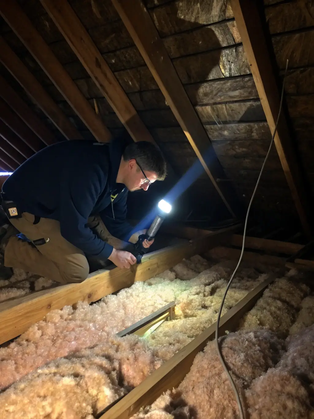A technician installing fiberglass insulation in an attic, carefully placing it between the joists to ensure complete coverage.