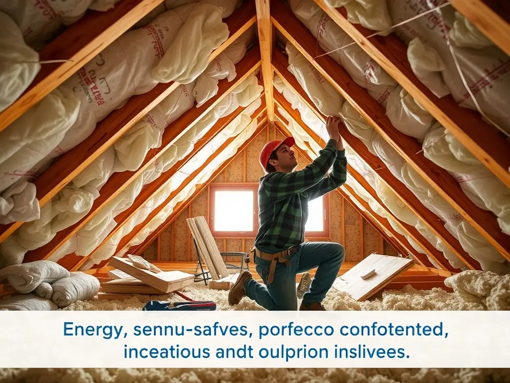 A worker in protective gear installing fiberglass insulation in an attic, using proper techniques and equipment. The insulation is being carefully placed between the joists.