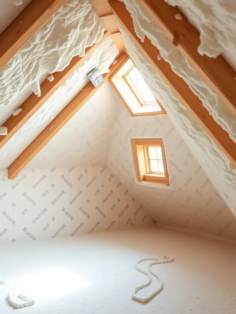 A final shot of a newly insulated attic, showcasing the clean and professional finish with the insulation neatly installed.