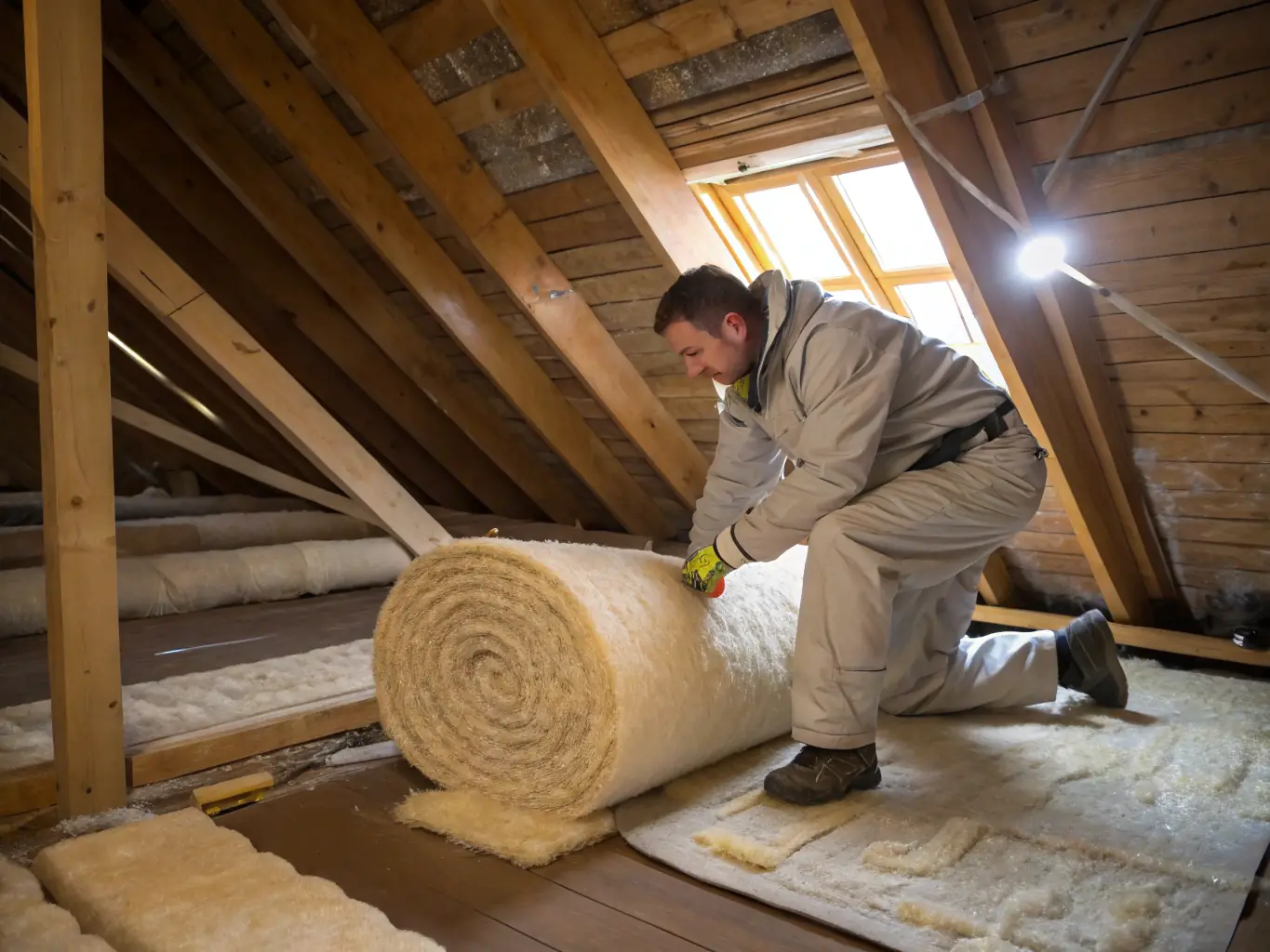 A close-up shot of fiberglass insulation being installed in an attic, highlighting its fluffy texture and coverage.