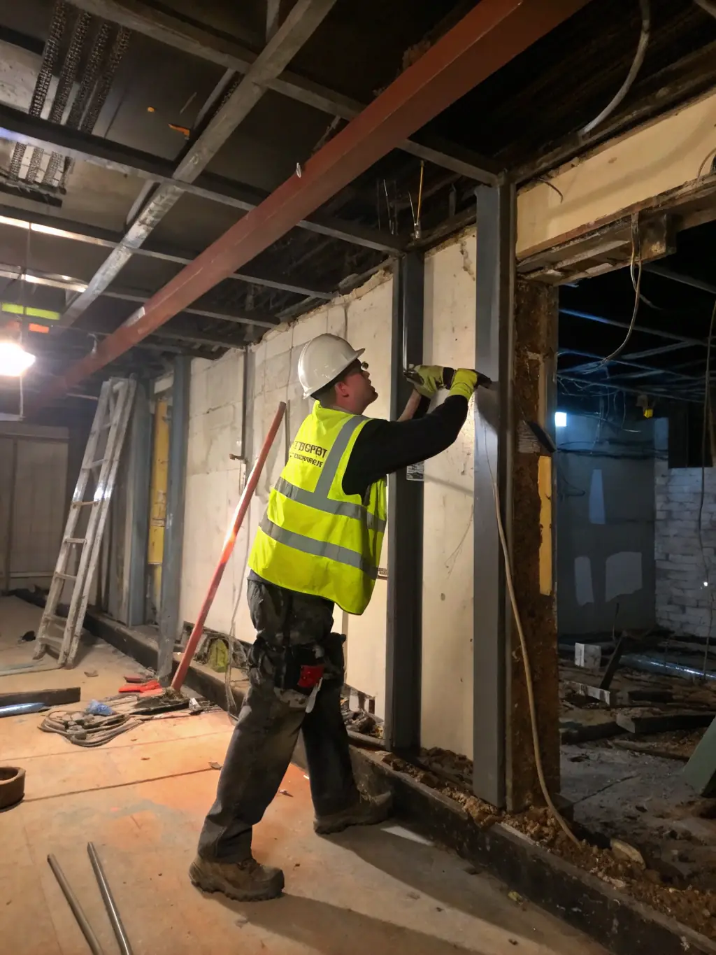 A worker wearing protective gear preparing the attic space by sealing gaps and cracks to prevent air leaks before insulation.
