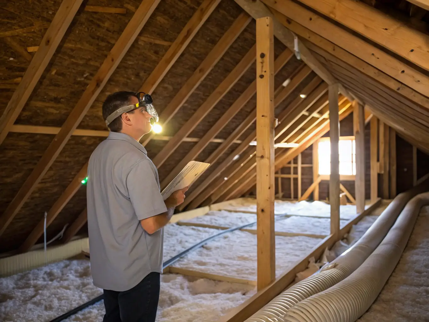 A professional insulation contractor assessing an attic space, using a flashlight to inspect for air leaks and existing insulation conditions. The attic is dimly lit, emphasizing the need for a thorough inspection.