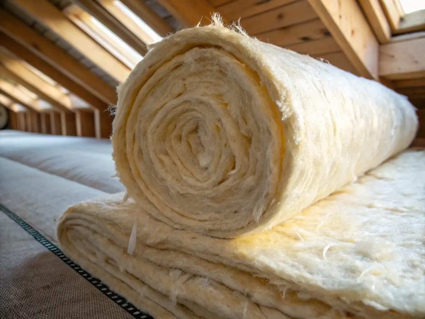 A close-up of newly installed fiberglass insulation in an attic, showing its fluffy texture and complete coverage. The insulation is clean and evenly distributed.