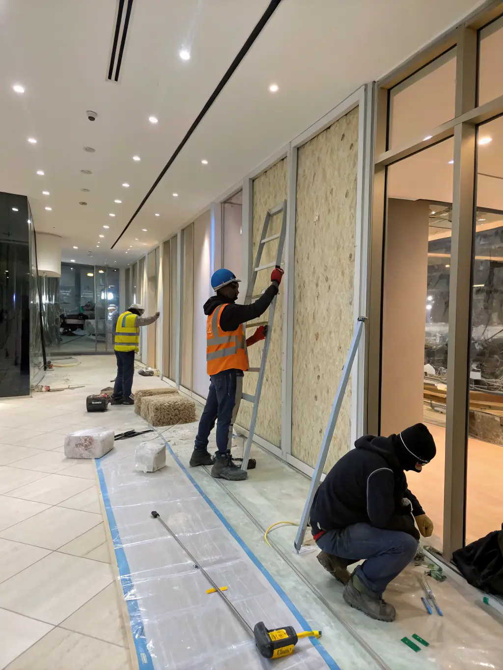 A picture of a professional insulation team working efficiently in an attic, showcasing the speed and expertise of the service.