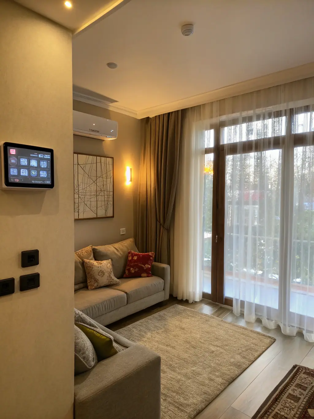 A photo of a cozy home interior during winter, with a thermostat set low, indicating energy savings.