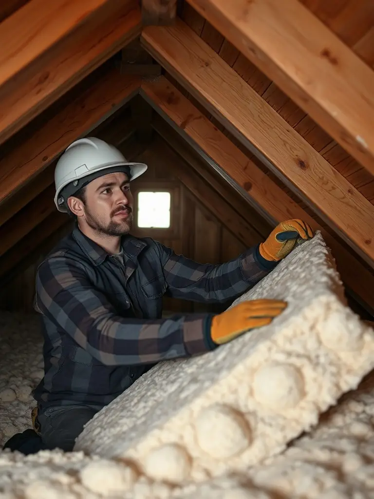 A photo of a technician inspecting an attic before insulation, using a flashlight to assess the current condition and identify areas needing improvement.